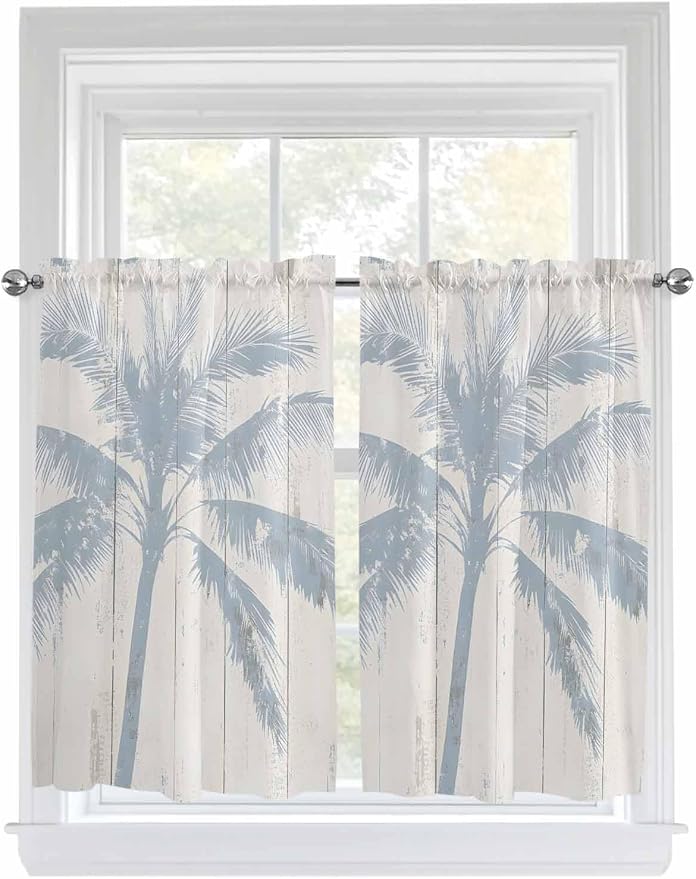 Summer Coconut Tree on Vintage Wood Grain Window Valance Curtains, Seaside
