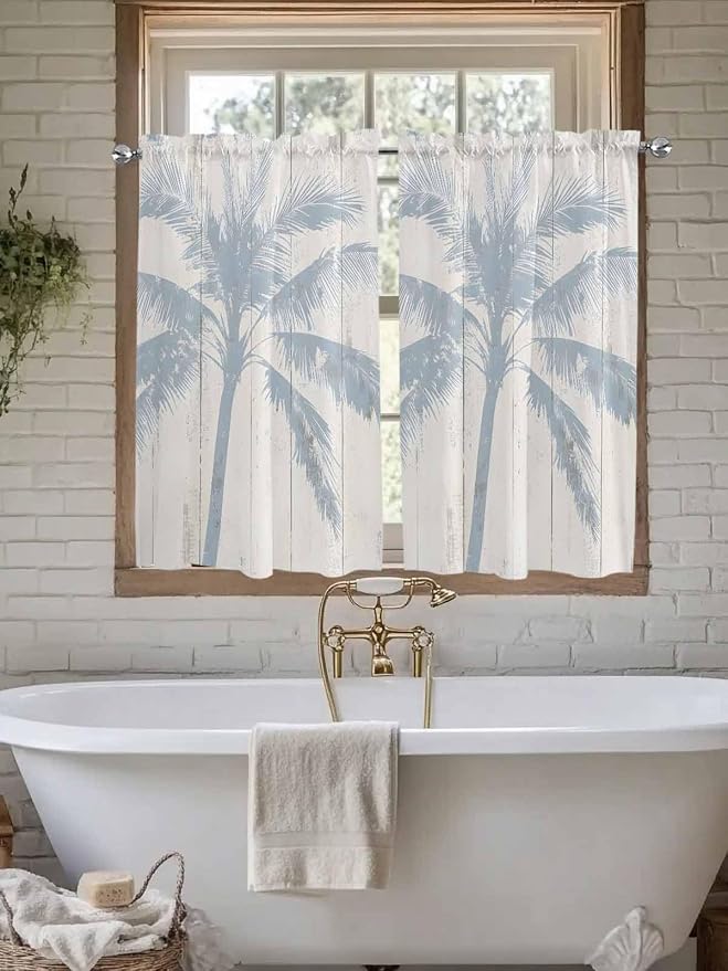 Summer Coconut Tree on Vintage Wood Grain Window Valance Curtains, Seaside