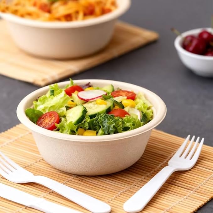 100 Pack 12oz Compostable Paper Bowls Small Disposable Soup Bowls White Natural Sugarcane Biodegradable Bowls for Ice Cream, Desserts, Salads, Pet Food