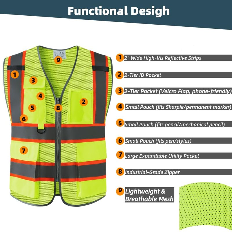 IDOU Yellow Reflective Safety Vest, High Visibility Work Vest for Men Women with 8 Utility Pockets, Zipper & Breathable Mesh/L