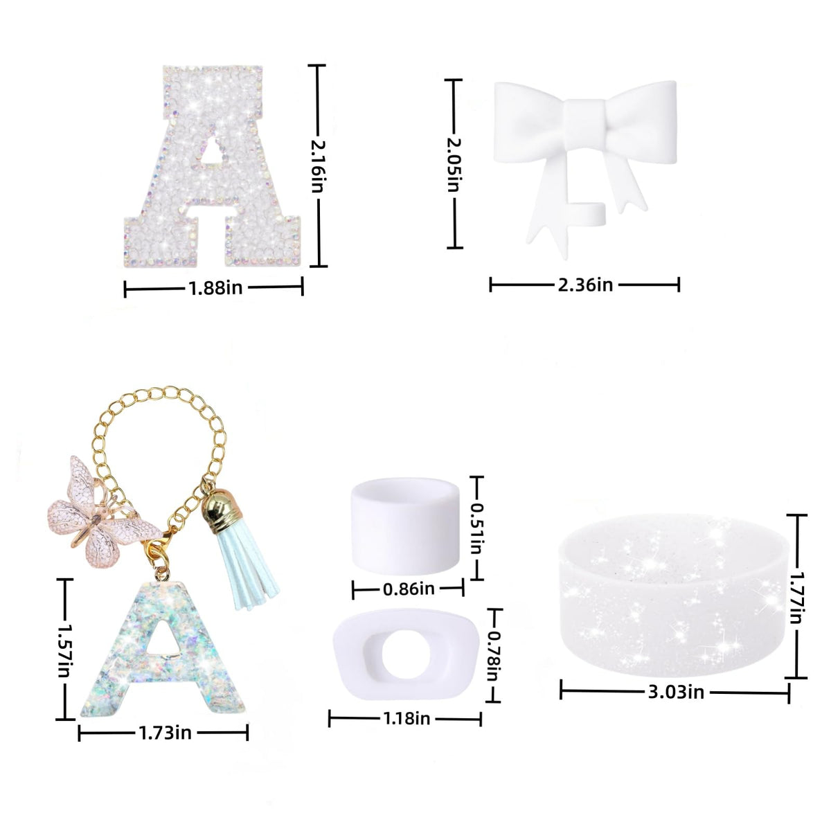 6PCS White Stanley Cup Accessories Set Fit for Stanley Cup 30oz 40oz. Including Handle Charm, Personalized Initial Sticker, Straw Topper, Sparkly Silicone Boot, Spill Proof Stopper