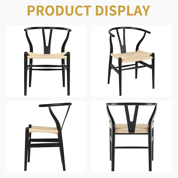Wishbone Chair Natural Solid Wood Dining Chair/Hans Wegner Y Chair Rattan and Wood Accent Armrest Chairs Set of 2 (Ash Wood - Black + Natural Cord)