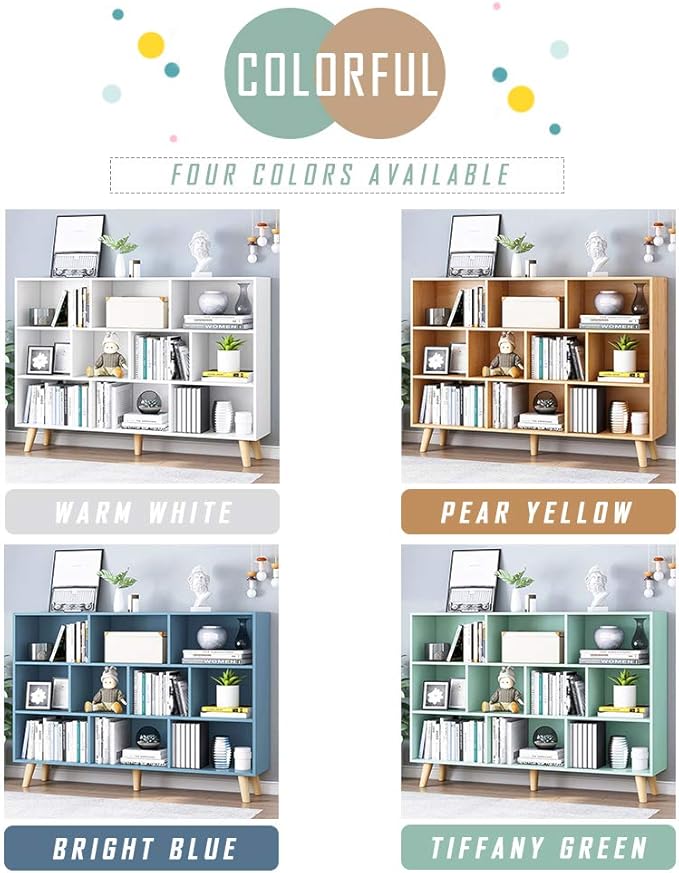 IOTXY Wooden Open Shelf Bookcase - 3-Tier Floor Standing Display Cabinet Rack with Legs, 10 Cubes Bookshelf, Pear Yellow