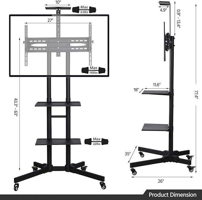 Yaheetech Mobile TV Stand, Adjustable Rolling Television Cart w/Locking Wheels for30-60 LCD LED Plasma Flat Panel Screen up to 110LB, Portable Cart Stand w/Flexible Laptop Shelf, Max. VESA 600x400
