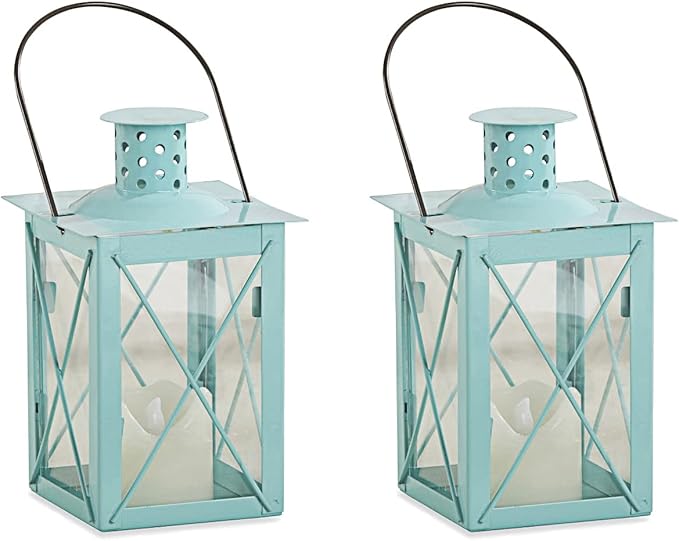 Kate Aspen Medium Decorative Lanterns - Set of 2 - Luminous Blue Metal Lantern Tealight Candle Holders Centerpieces for Wedding, Home Decor and Party - 6.3" H (8.9" H with Handle)