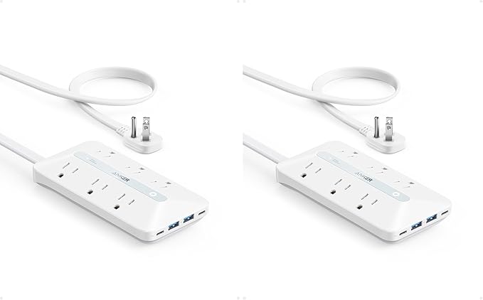 Anker Flat Plug Power Strip(300J), 20W USB-C, 10-in-1 Ultra Thin Power Strip with 6 AC, 2 USB-A/2 USB-C,10feet Extension Cord, Desk Charging Station,Home Office College Dorm Essentials (Pack of 2)