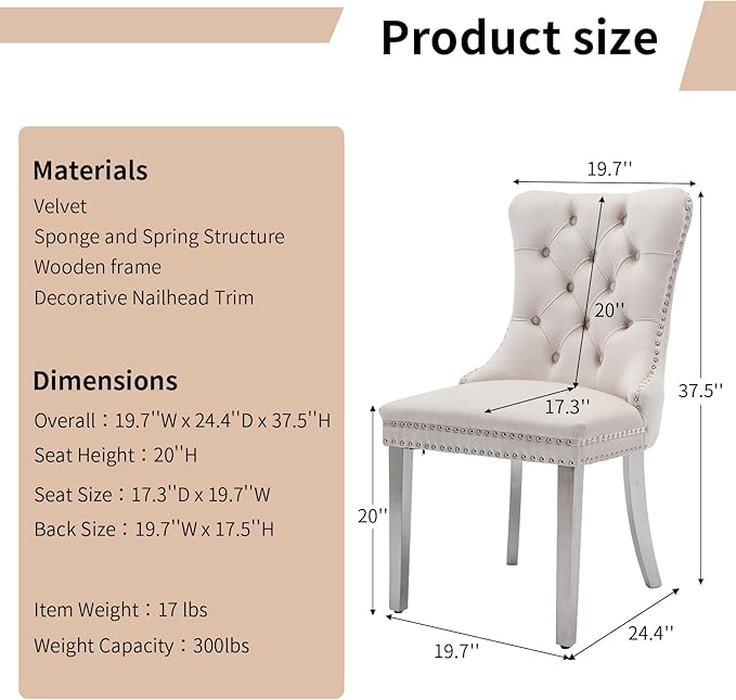 Luxury Upholstered Dining Chairs Set of 6, Beige Kitchen Chair with Silver Metal Legs, Velvet Tufted Back Dining Chair, Sillas de Comedor, Modern Kitchen & Dining Room Chairs (Beige, 6 Pcs)