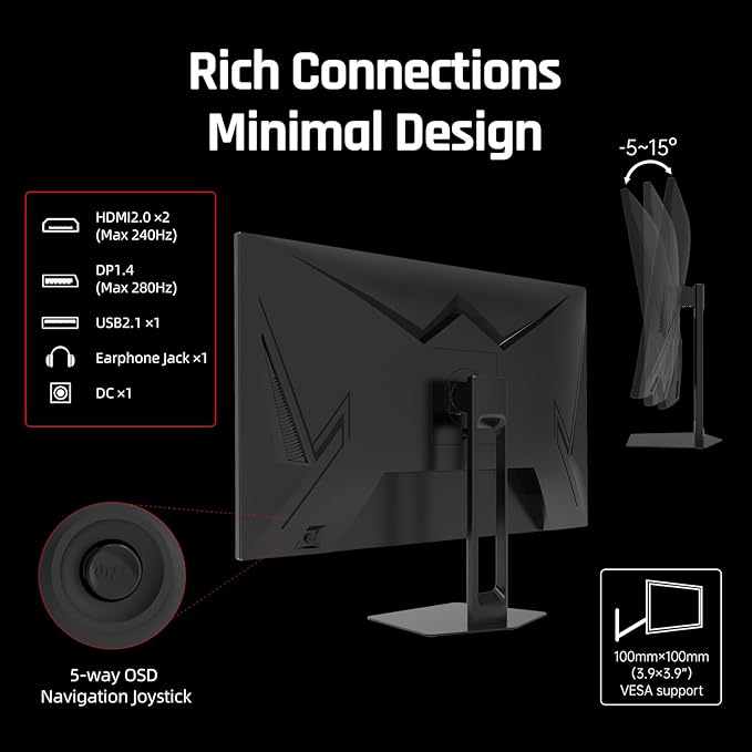 KTC 27'' 280Hz 240Hz Gaming Monitor 1ms GTG 350nits Fast VA 1080P Tilt 126% sRGB Adaptive Sync 4000:1 Contrast Ratio HDR DisplayPort 1.4/HDMI 2.0 VESA