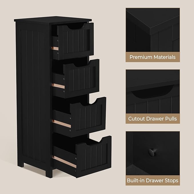Yaheetech Bathroom Floor Cabinet, Wooden Side Storage Organizer, 4 Drawers Free-Standing Cabinet for Bathroom/Hallway/Living Room, Black