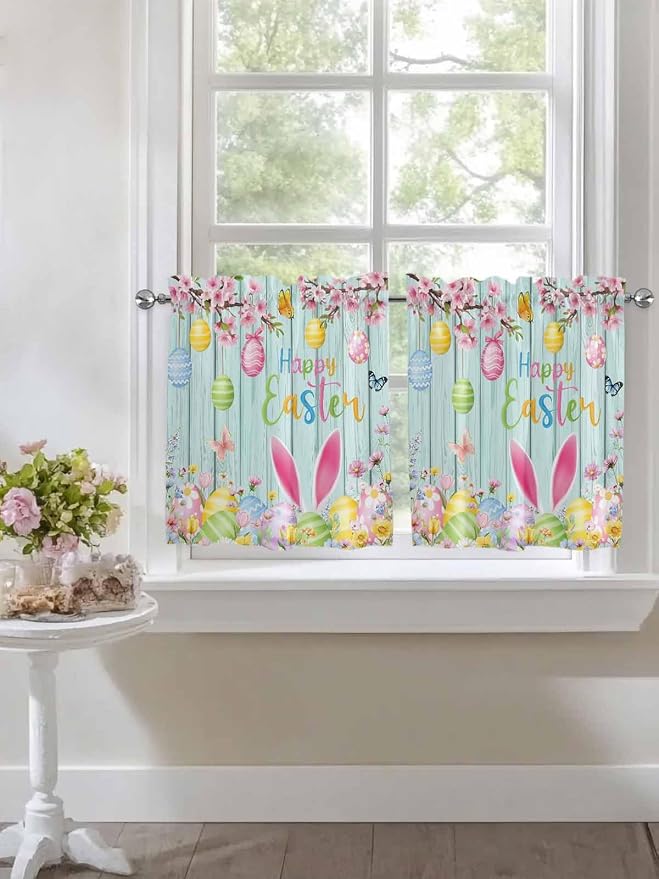 Happy Easter Half Window Curtains 24 Inches Long, Spring Bunny Eggs Flower Teal