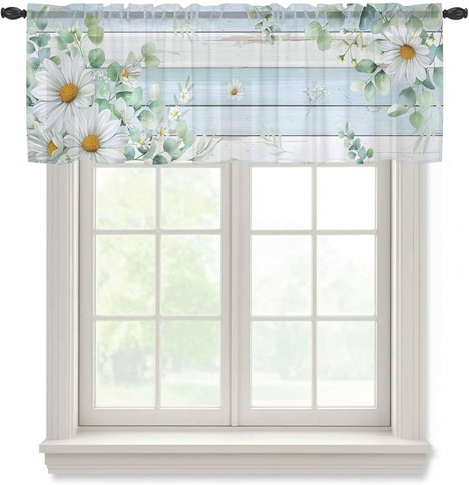 Daisy Eucalyptus Leaves Sheer Valance Curtains
