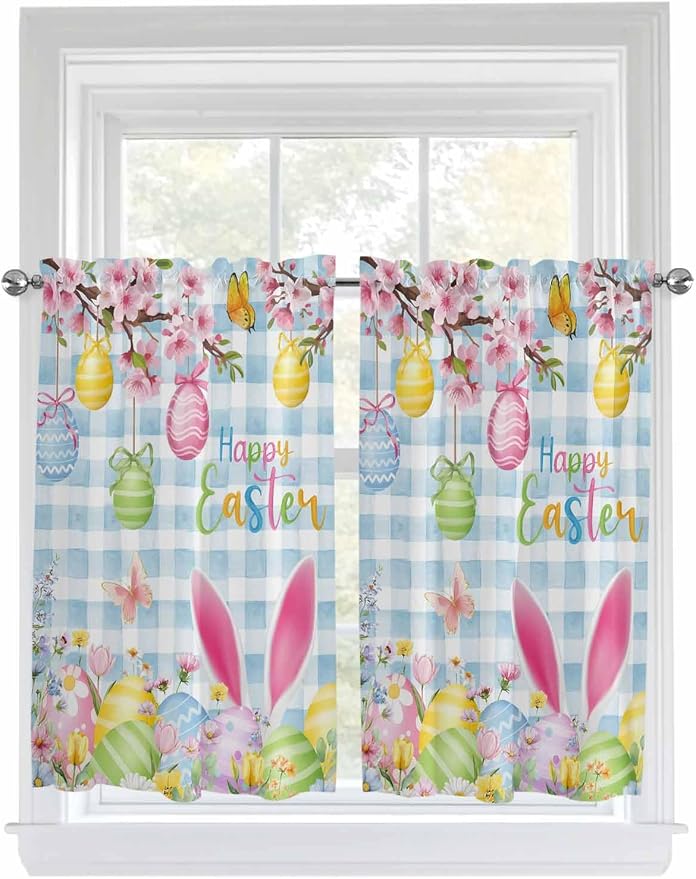 Happy Easter Kitchen Curtains 54 Inches length, Spring Watercolor Bunny Eggs