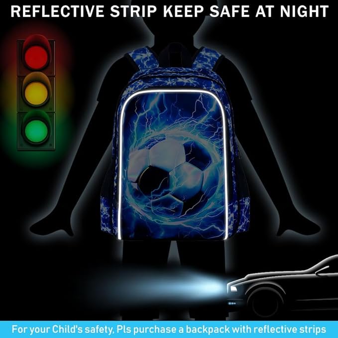 KLFVB 3PCS Kids Backpack, 17" Boys Football Bookbag and Lunch Box, Water Resistant Teenagers School Backpacks for Middle Elementary - Lightning Soccer