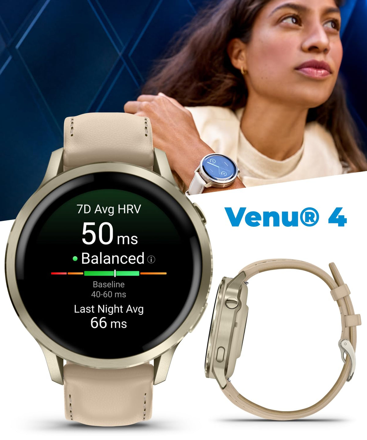 Garmin Venu 4 41mm AMOLED Advanced Health & Fitness GPS Smartwatch, Bright & Colorful Display, Built-in Flashlight, Up to 10 Days, Lunar Gold w/Bone Silicone Band w/Wearable4U Black Earbuds Bundle