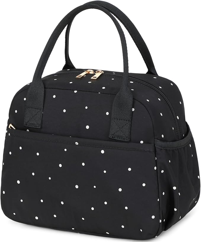 CAMTOP Lunch Box for Women Insulated Lunch Bag Lunchbox Cooler Thermal Leakproof Quilted Reusable Lunch Tote Bag for Work School Travel Picnic (Black White Dots)
