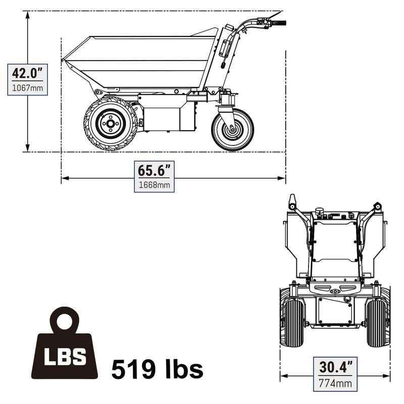 MechMaxx 1100Lb Loading 48V Battery Powered Wheel Barrow Electric Dumper Cart with 30W Light, Hydraulic Tipping, 1000W Brushless DC Motor, LED Display Screen, Model EH50 Red