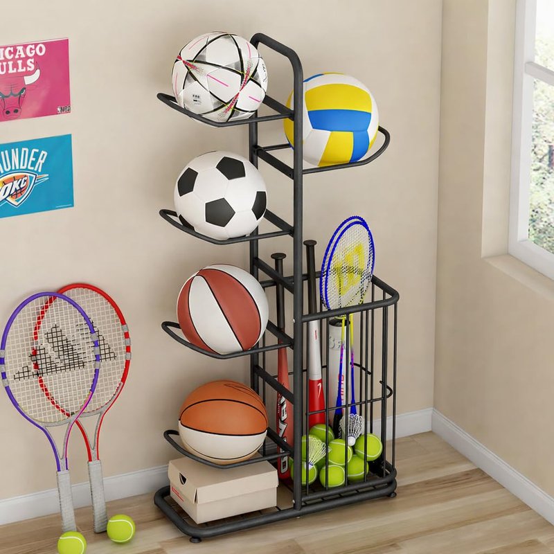 MLUPODY Sports Ball Storage Rack | Adjustable Vertical Stand for Basketball, Soccer, Volleyball & More | Durable Steel Organizer for Garage |5-Ball |45.7 inches, black