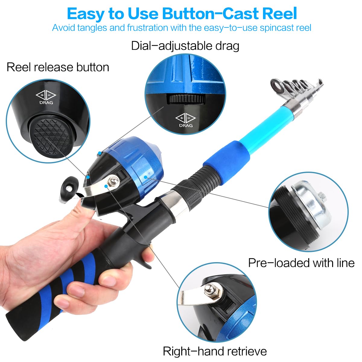 Yoilreyl Kids Fishing Rod and Reel Combo Push Button Small Collapsible Telescopic Fishing Pole Kit Beginner Youth Boys Fishing Starter Set Tackle(Casting Rod,5.91FT,Blue)