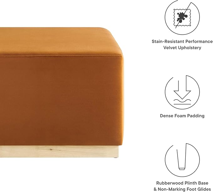 Modway Tilden 28 Inch Square Performance Velvet Upholstered Ottoman in Rust Natural - Large Ottoman Foot Rest with Rubberwood Plinth Base, Living Room Ottoman Coffee Table - Velvet Ottoman Table