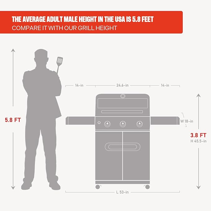 Monument Grills Outdoor Barbecue Stainless Steel 3 Burner Propane Gas Grill, 48,000 BTU Patio Garden Grill with Side Burner and Knob Controls, Mesa305 with BBQ Cover