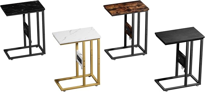 VECELO C Shaped End Table with Charging Station & Power Outlets, Quick Access Side Table for Sofa, C Bedside for Living Room Bedroom 1 Set,Black Marble