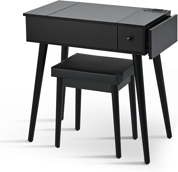 Black Makeup Vanity Desk with Flip Top Mirror and LED Light, Dressing Table Set with Cushioned Stool, Charging Station, 2 Drawers and Fold-up Panel for Bedroom ﻿