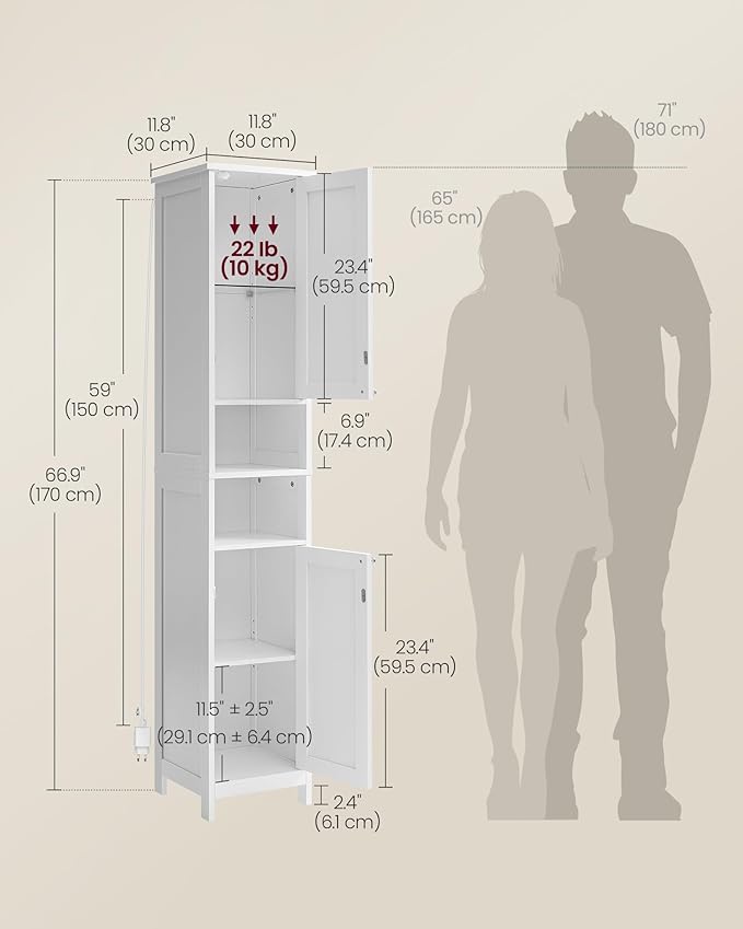 VASAGLE Tall Storage Cabinet with Lights, Slim Freestanding Cabinet with Adjustable Shelves, for Small Spaces, Bathroom, Living Room, Modern, 11.8 Inches Wide, Cloud White UBBC566W02