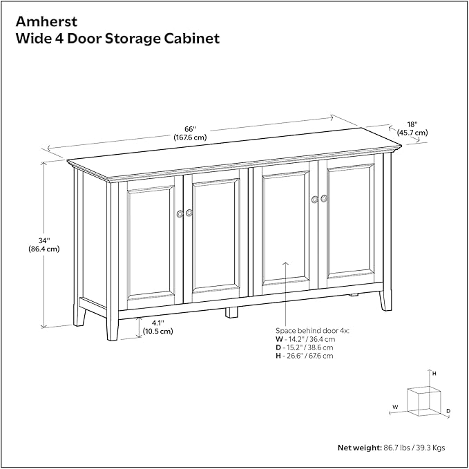 SIMPLIHOME Amherst Storage Cabinet - 66 inch Wide Solid Wood 4-Shelf Sideboard Cabinet in Light Golden Brown, Transitional Buffet for Living Room or Dining Room with 4 Doors and Adjustable Shelves