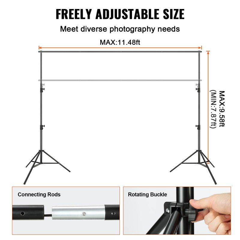 VEVOR 11.5 x 9.6 ft Heavy Duty Backdrop Stand, Height Adjustable Photography Backdrop Stand, Background Support System with 6 Clamps and A Carry Bag, for Party, Wedding, Display, Photo