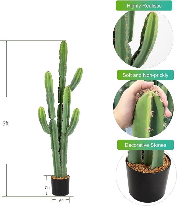 UV-Resistant Artificial Fake Cactus Plants 5ft – Large Faux Cowboy Cactus for Indoor & Outdoor Home, Office, or Garden Decor