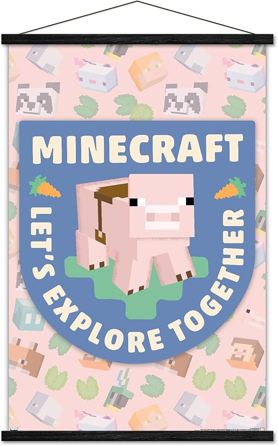 Trends International Minecraft - Let's Explore Together Wall Poster with Magnetic Frame, 34L x 22.4W, Premium Print and Black Hanger Bundle