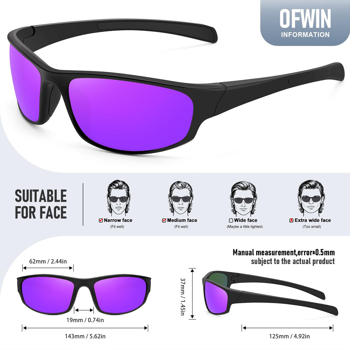 Ofwin Sports Polarized Sunglasses for Men Women Wrap Around Sun Glasses Fishing Cycling Driving Running UV Protection Clear Gray Frame/Silver Mirror Lens