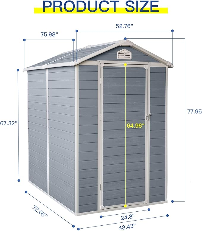 6x4 FT Outdoor Storage Resin Shed with Floor, Waterproof Plastic Garden Tool Shed with Windows, Vents & Lockable Door and Sloped Roof, Easy to Assemble Bike Shed for Patio, Backyard, Lawn, Grey
