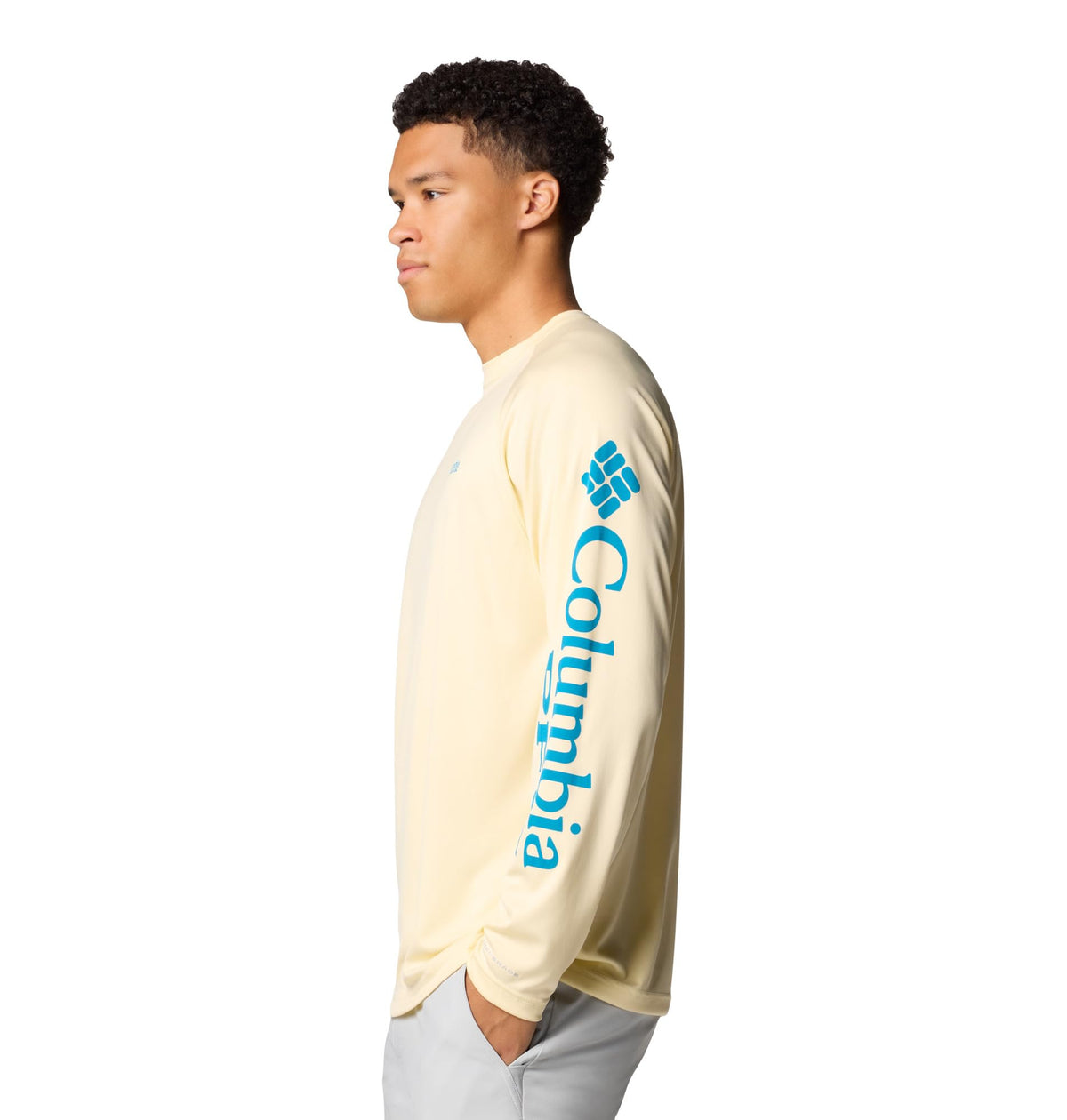 Columbia Men's PFG Terminal Tackle Long Sleeve Fishing Shirt, Lemon Wash/Blue Echo Logo, Small