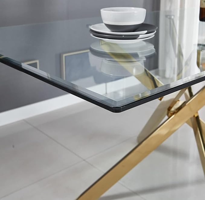 51" Glass Dining Table for 4, Contemporary Rectangular Dining Room Table with Tempered Glass Top & Golden Finish Stainless Steel Legs, Modern Kitchen Table for Home Office