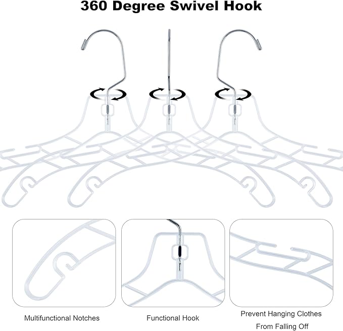 VWV 12pcs Clear Plastic Hangers: Shirt, Skirt, Sweater, Suit, Jacket Hangers with Non-Slip Grooves, Heavy Duty, Clear Color, Metallic Finish