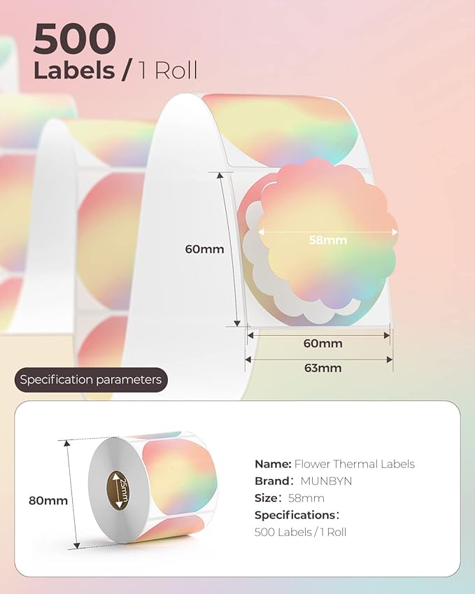 MUNBYN Flower Thermal Labels, 2.25" Rainbow Color Circle Thermal Stickers for DIY Business Logo, Small Business, 500 Sheets/1 Roll