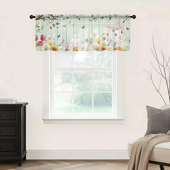 Easter Sheer Valances for Windows 42"x12", Light Filtering Kitchen Curtains