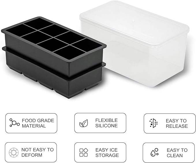 Bangp Large Silicone Ice Cube Tray with Bin and Tongs,2 Pack,Black