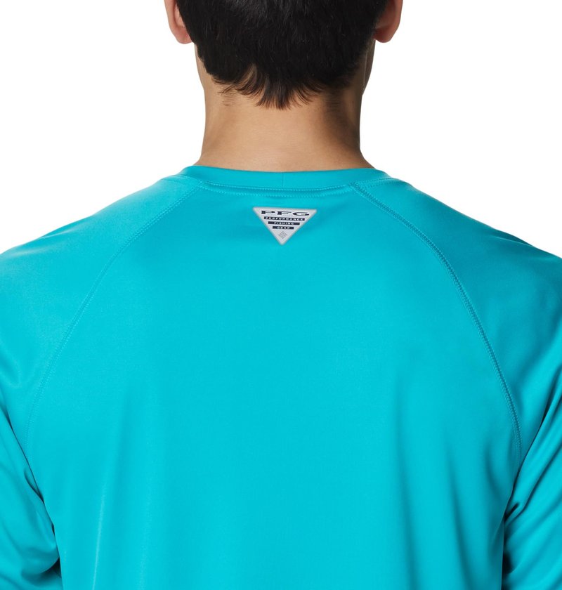 Columbia Men's Terminal Tackle Long Sleeve Fishing Shirt, Turquoise/Cool Grey Logo, X-Small