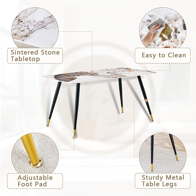 Modern Dining Table Set for 4, 62'' Sintered Stone Dining Table with 4 Chairs, Easy to Assemble