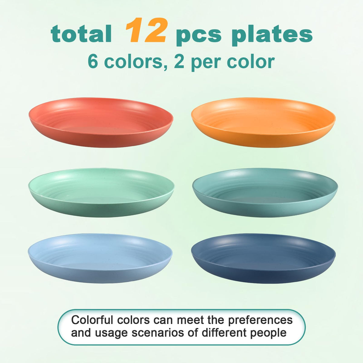 HEYCOME 12 Pcs Unbreakable Deep Dinner Plates Set, 10 inch Reusable Plastic Wheat Straw Plates, Microwave and Dishwasher Safe Plate for Kitchen, Lightweight Plate for Dessert, BPA Free, 6 Colors