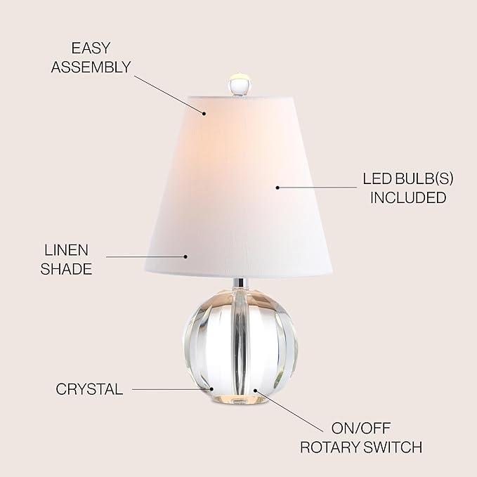 JONATHAN Y 16" Clear Crystal Ball LED Table Lamp, White Modern Bedside Lamp, with White Linen Empire Shade, Glam Orb Glass Nightstand Lamp for Living Room, LED Bulb JYL2079A