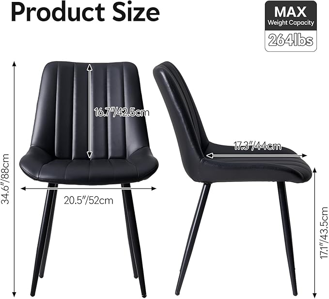 Dining Chairs Set of 4, Faux Leather Modern Linear Design Dining Chair with Metal Legs, 16.9" Seat Width Chair for Kitchen, Lounge, Reception Room, Restaurant, Commercial (Black)