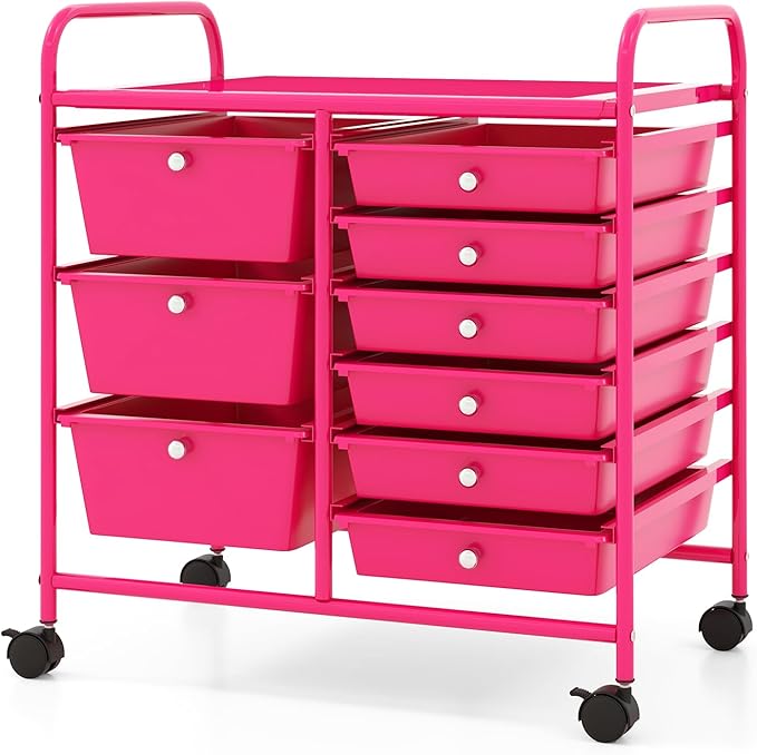 COSTWAY Rolling Storage Cart with 9 Drawer, Mobile Utility Cart with Metal Frame, Art Supply Craft Organizer, Multipurpose Storage Organizer for Paper, Office, School Teacher, Classroom, Hot Pink