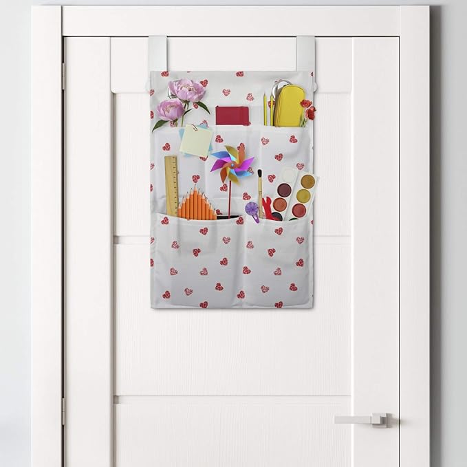 Ambesonne Hearts Hanging Pocket Organizer, Mini Hearts in Continuous Repeating Pattern Romantic Theme, Printed Polyester Storage Bag with Pockets, 14" x 20", Vermilion Pale Pink