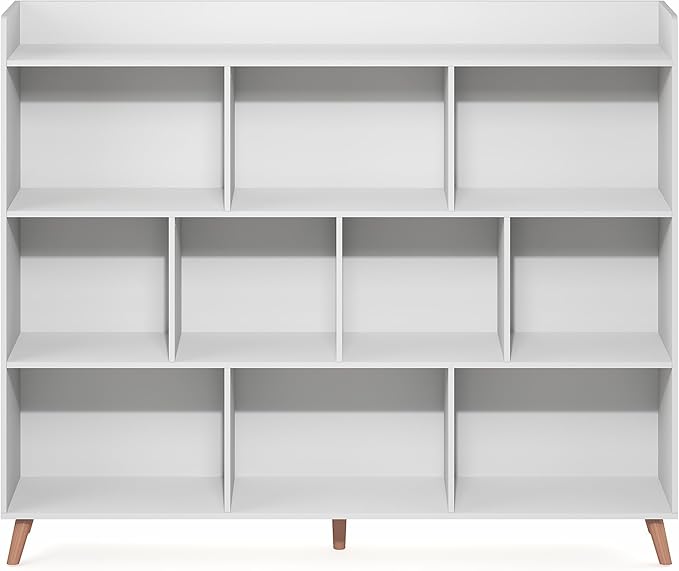 Furinno Claude Book Shelf, 10-Cube Mid Century Style Bookshelf, Bookcase, Storage Organizer with Wood Legs, 9.4" x 55.1" x 45.1", for Living Room, Bedroom, Home Office, White