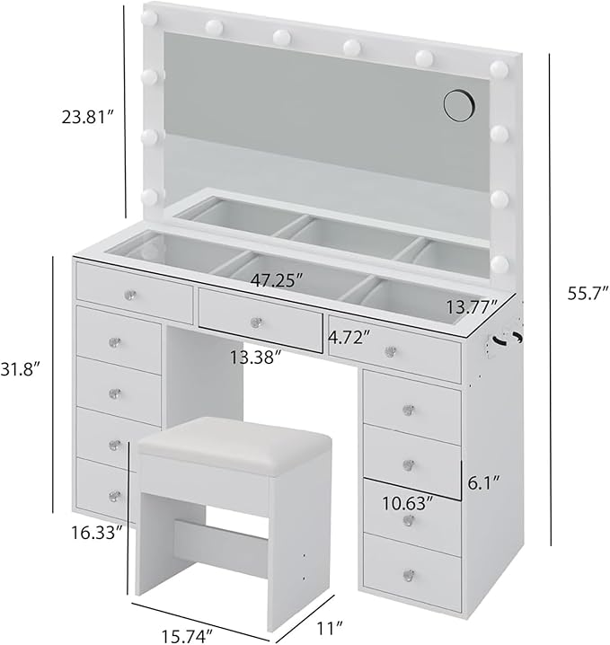 Vanity Desk with Mirror and Lights, Makeup Vanity Desk with Lights 3 Colors, Reinforced Glass Vanity, Makeup Vanity with 11 Storage Drawer, Dressing Table for Bedroom Dressing Room (White)