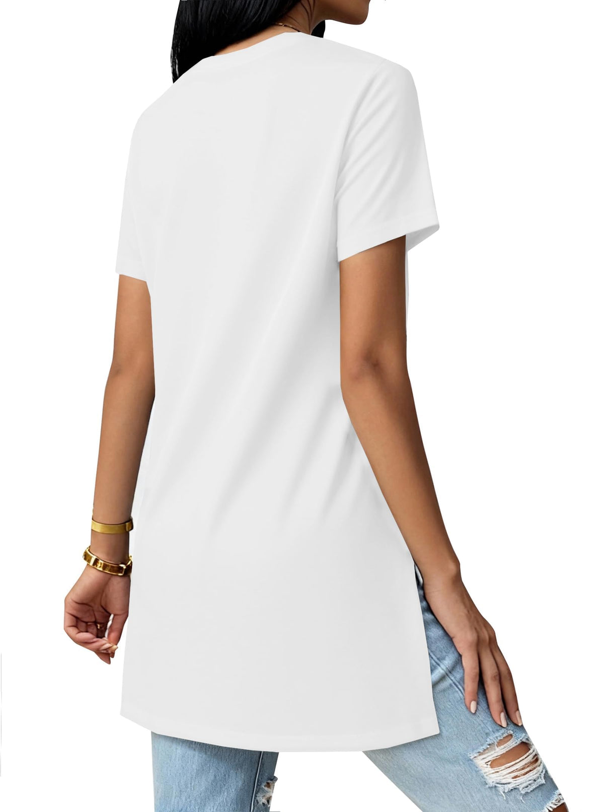 Remidoo Women's Side Slit Tunic Tops Crewneck Short Sleeve Tee Loose Fit Long T Shirt White X-Large