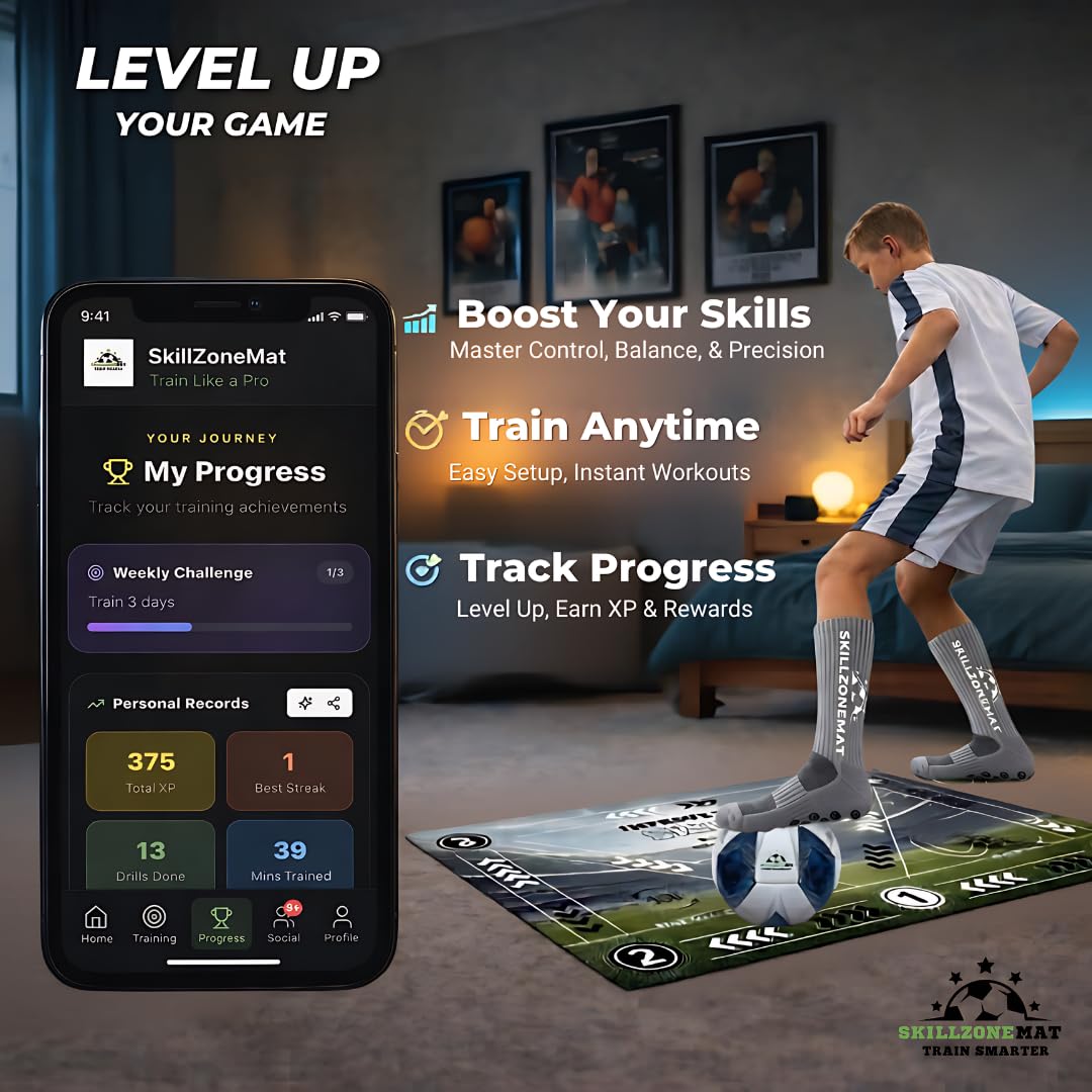 SkillZone Soccer Training Mat – Soccer Dribbling & Footwork Trainer with SkillZone Interactive Training Hub | Soccer Skills & Ball Control Practice for Kids & Teens | Indoor & Outdoor Agility & Coordination Training System (Galaxy Dribble - Match Kit)